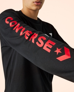 Camisetas Converse Wordmark Long Sleeve Para Hombre - Negras | Spain-6210